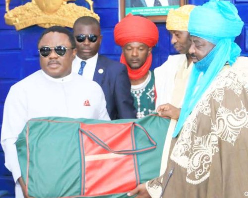 Gov. Ben Ayade with Emir of Kano, Chancellor of Unical, Alhaji Ado Bayero during a courtesy visit