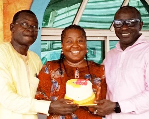 NUJ correspondent  chapel  chairman, Eme Offiong, flanked by NUJ chairman, Nsa Gill and his predecessor, Victor Udu during her birthday.