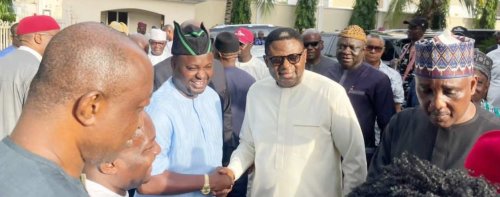 Governor Bassey Otu of Cross River welcoming NASS members  during a  courtesy visit in Abuja