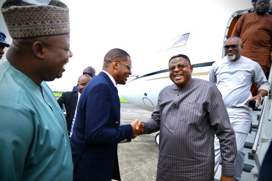 PHOTO NEWS: Governor Bassey Otu Received By Deputy Governor, Peter Odey, At Margaret Ekpo Int'l Airport, Upon His Return From Abuja After Appeal Court Victory