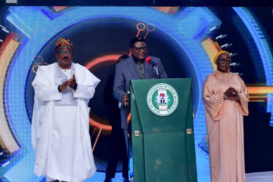 L-R: Kwara State deputy Governor, Kayode Alabi, Governor Bassey Otu of Cross River State, as well as the first daughter of President Bola Tinubu, Dr. Mujidat Folashade Tinubu-Ojo jointly unveiled the theme for 2024 Carnival Calabar and Festival 