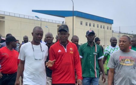 Photo News: Minister of Sports Development, Senator John Owan Enoh During A facility Inspection of Ikom Township Stadium Over The Weekend.