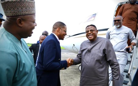 PHOTO NEWS: Governor Bassey Otu Received By Deputy Governor, Peter Odey, At Margaret Ekpo Int'l Airport, Upon His Return From Abuja After Appeal Court Victory
