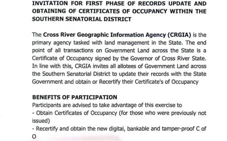 PUBLIC NOTICE: CRGIA INVITES RESIDENTS TO FIRST PHASE OF RECORDS UPDATE AND OBTAINING OF CERTIFICATES OF OCCUPANCY WITHIN THE SOUTHERN SENATORIAL DISTRICT