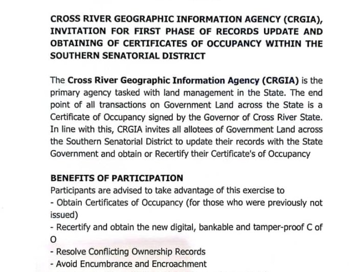 PUBLIC NOTICE: CRGIA INVITES RESIDENTS TO FIRST PHASE OF RECORDS UPDATE AND OBTAINING OF CERTIFICATES OF OCCUPANCY WITHIN THE SOUTHERN SENATORIAL DISTRICT