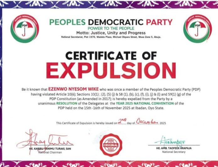 POLITICS: PDP Sends Certificate Of Expulsion To Wike, Fayose, Others