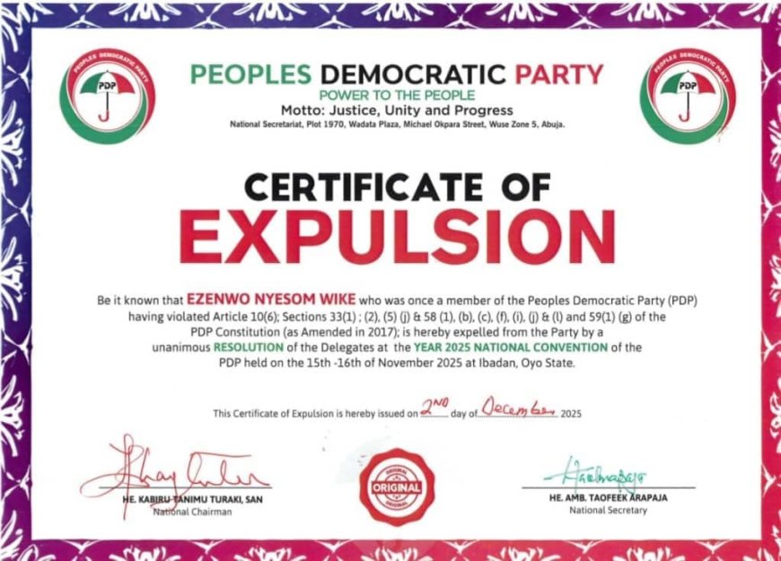 POLITICS: PDP Sends Certificate Of Expulsion To Wike, Fayose, Others